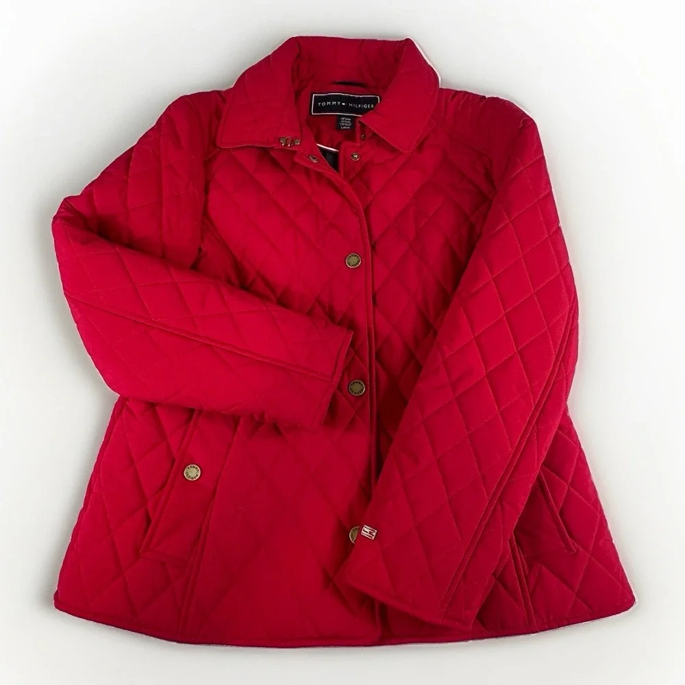 Tommy Hilfiger Womens Quilted Jacket L Red Diamond Snap Preppy Equestrian Urban